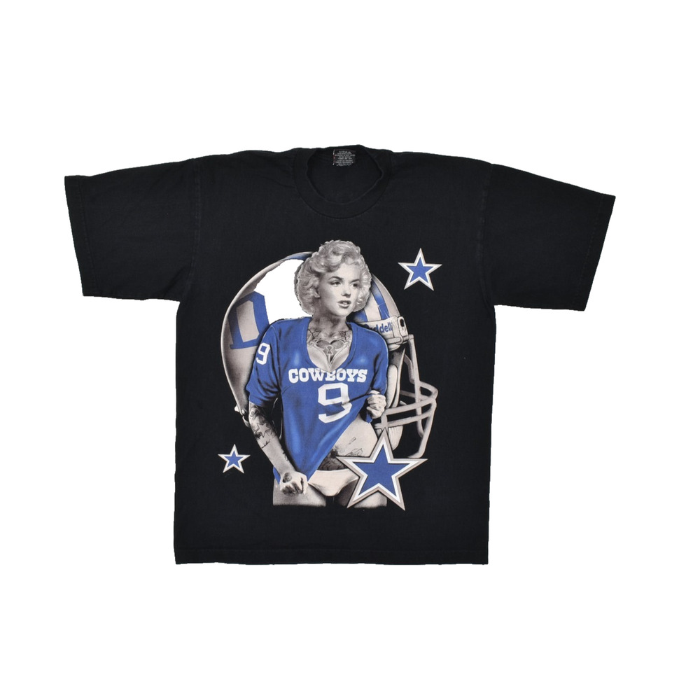 Vintage Marilyn Monroe #9 Dallas Cowboys T-Shirt Pro-Tag Size L Black USA Made